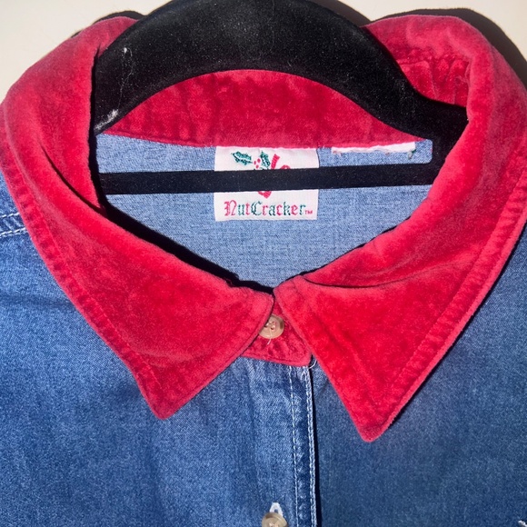 Nutcracker Y2K Corduroy Collar Denim Embroidered Button Down Christmas Santa - Picture 11 of 13